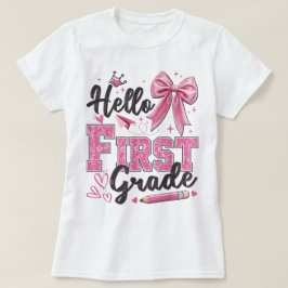 Camiseta Hello First Grade Teacher Coquette Pencil Bow