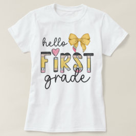 Camiseta Hello First Grade Teacher Coquette Pencil Bow