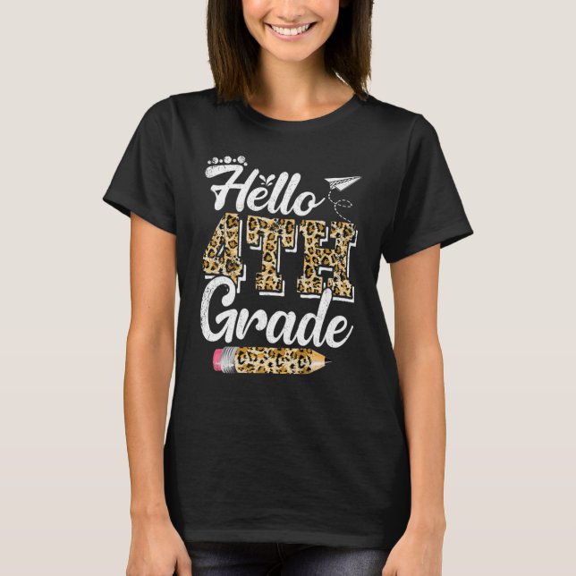 Camiseta Hello Fourth Grado Leopard Print 4Grado Back to (Anverso)