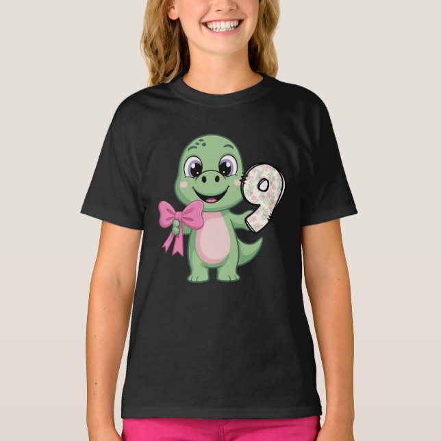 Camiseta Hello Nine Dinosaur Birthday Girl Coquette Bow (Anverso)