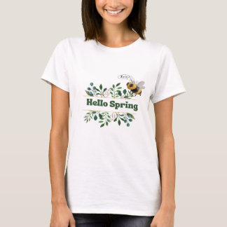 Camiseta Hello Spring - Cute Bee & Botanical Watercolor Des