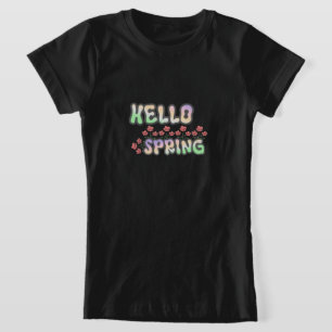 Camiseta Hello Spring   Tee Gráfico Floral Fresco