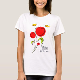Camiseta Hello Spring Text with Red Heart Flowers