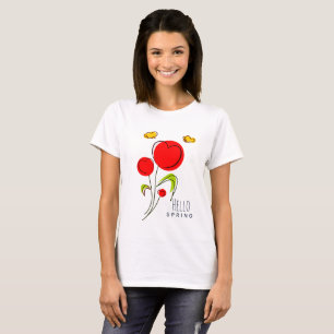 Camiseta Hello Spring Text with Red Heart Flowers