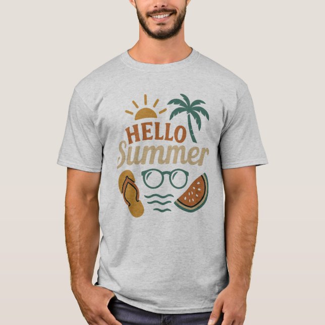 Camiseta Hello Summer Retro Beach Shirt | Palm Tree & Water (Anverso)
