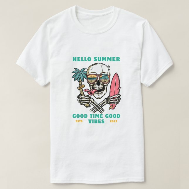 Camiseta "Hello Summer – Skull Surfer Good Vibes" (Diseño del anverso)