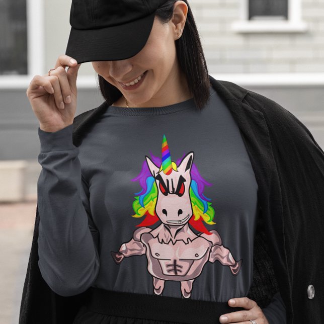 Camiseta Helo Arcoiris Muscular Uniforme Cuerpo Edificio (Rainbow Hair Muscular Unicorn Body Building T-Shirt)