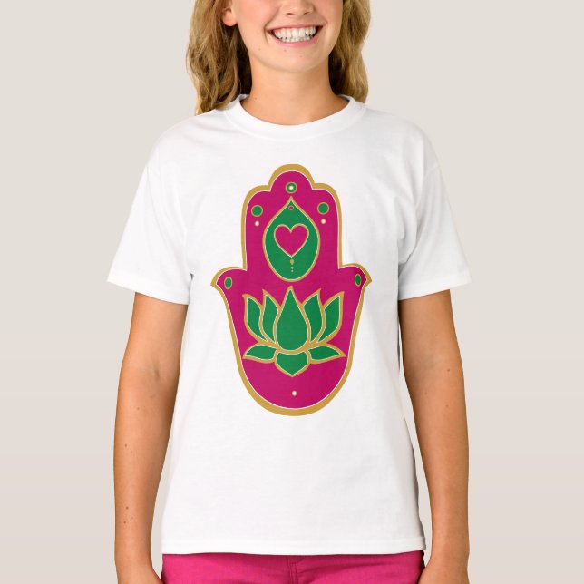Camiseta Henna Hamsa Lotus Green & Pink (Anverso)