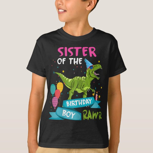 Camiseta Hermana del niño cumpleaños TRex Dinosaurio coinci (Anverso)