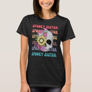 Camiseta Hermana espeluznante Groovy Floral Skeleton Hallow