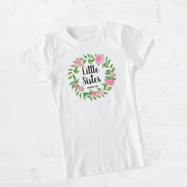 Camiseta Hermana pequeña acuarela Floral Wreath con nombre (Subido por el creador)