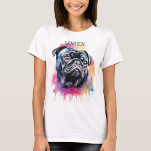 CAMISETA HERMOSA CARA DE PERRO DE PUG NEGRO CON FONDO DE LL