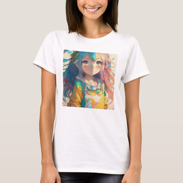 Camiseta Hermosa chica de anime colorida (Anverso)