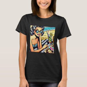 Camiseta Hermosa dama retro en la playa con cóctel