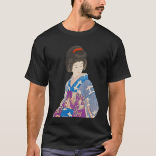 Camiseta Hermosa Geisha en pintura japonesa de Kimono azul
