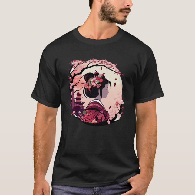 Camiseta Hermosa geisha lady cerezo flor pagod (Anverso)