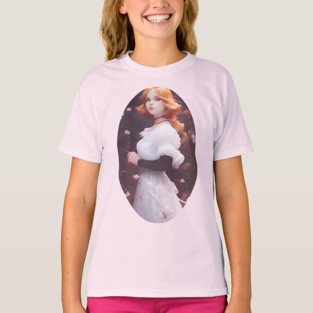 Camiseta Hermosa joven Chica entre retrato de flores rosas (Anverso)