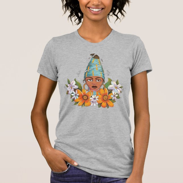 Camiseta Hermosa mujer africana con flores (Anverso)