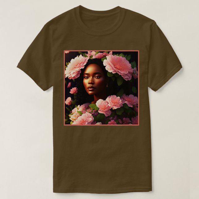 Camiseta Hermosa Mujer Negra Con Flores Rosa (Diseño del anverso)