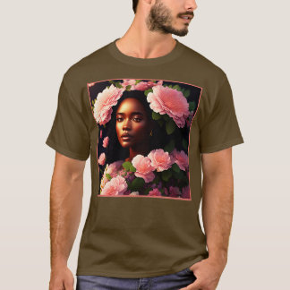 Camiseta Hermosa Mujer Negra Con Flores Rosa