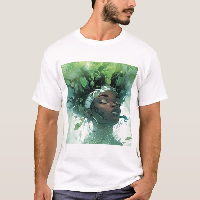 Camiseta Hermosa mujer negra flotando en agua con plantas (Anverso)