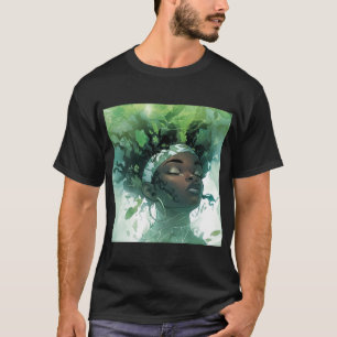 Camiseta Hermosa mujer negra flotando en agua con plantas