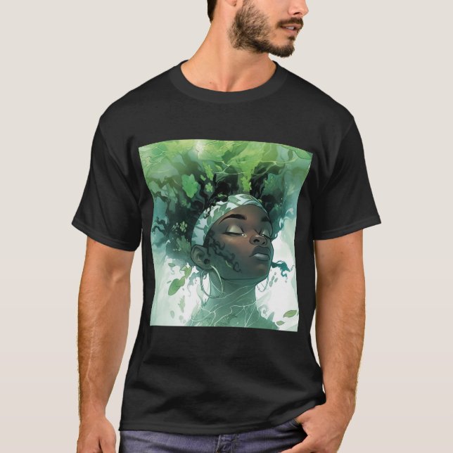 Camiseta Hermosa mujer negra flotando en agua con plantas (Anverso)