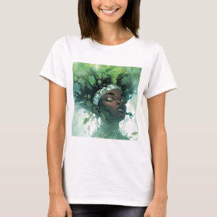 Camiseta Hermosa mujer negra flotando en agua con plantas