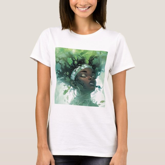 Camiseta Hermosa mujer negra flotando en agua con plantas (Anverso)