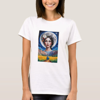 camiseta hermosa mujer sobre una gran luna