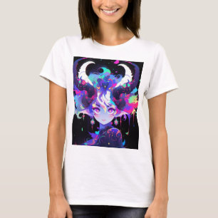 Camiseta Hermosa neón Anime Demon Elf Chica con cuernos
