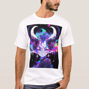Camiseta Hermosa neón Anime Demon Elf Chica con cuernos
