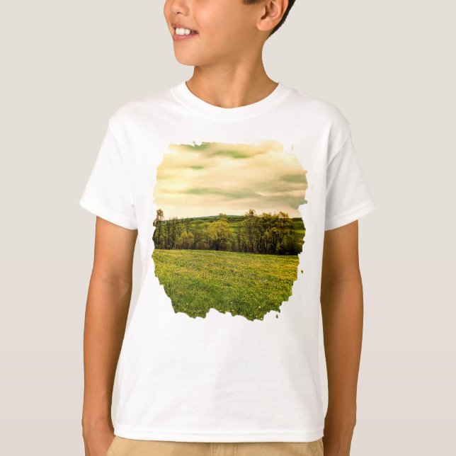 Camiseta Hermosa pradera verde flores amarillas (Anverso)