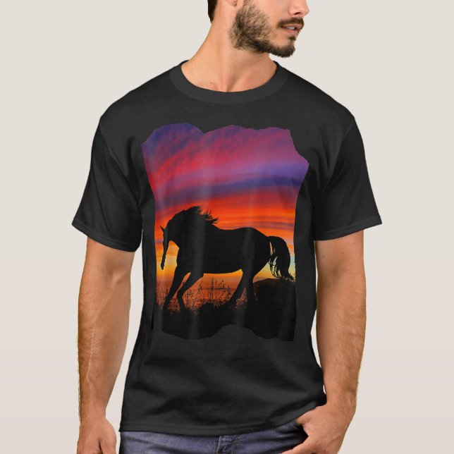 Camiseta Hermosa silueta de puesta de sol de caballos árabe (Anverso)