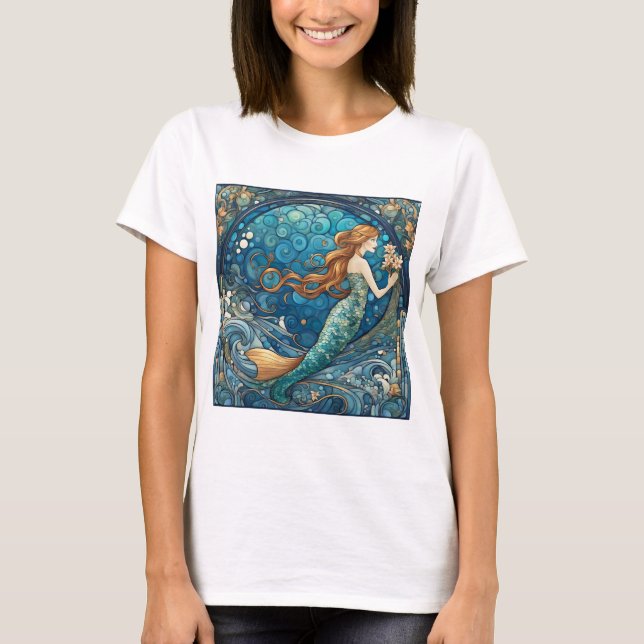 Camiseta Hermosa Sirena Art Nouveau Art Decó Estilo Azul (Anverso)