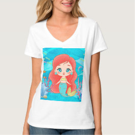 Camiseta Hermosa sirena de pelo rojo jugando en el mar