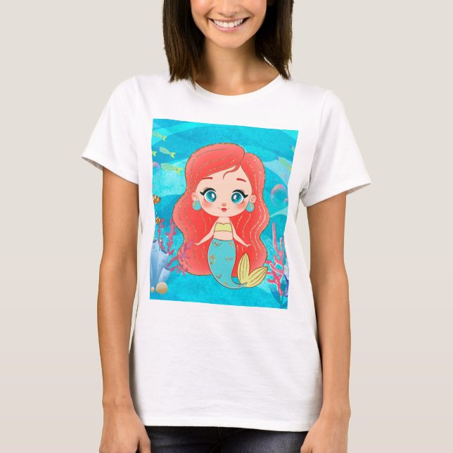 Camiseta Hermosa sirena de pelo rojo jugando en el mar (Anverso)