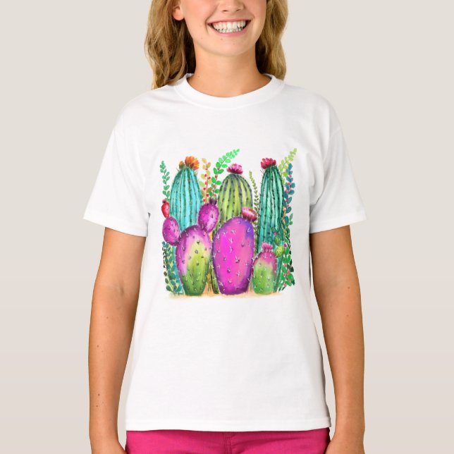 Camiseta Hermosas flores de cactus de color - Dibujo de col (Anverso)