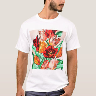 Camiseta Hermoso Bouquet Floral Tulipanes Arte Contorno Neg