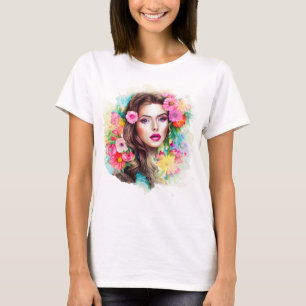 Camiseta Hermoso Chica Con Flores De Rosa Rosa Rosadas Blan