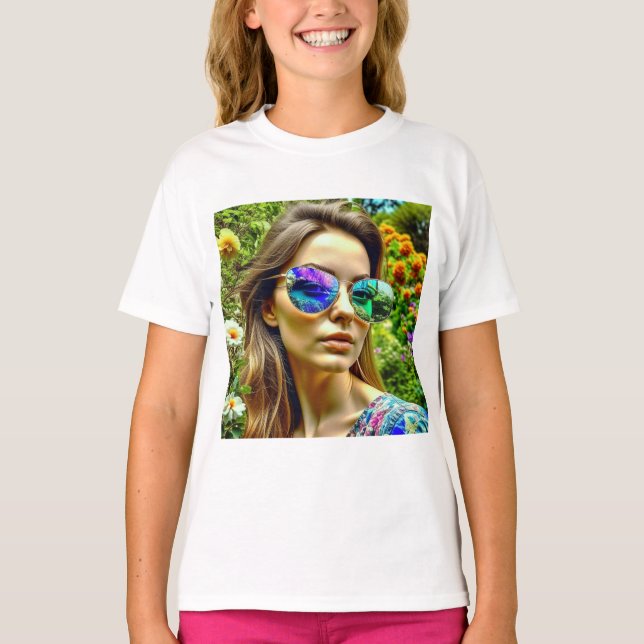 Camiseta Hermoso Chica con flores reflectantes de gafas de  (Anverso)