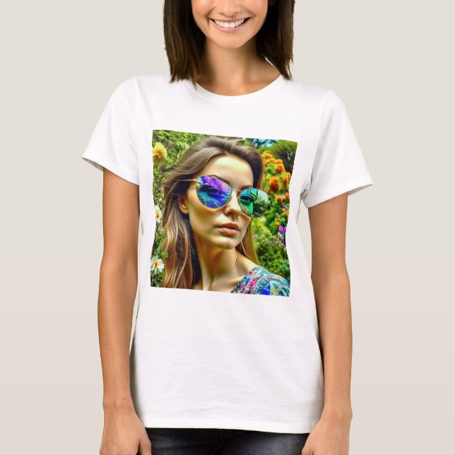 Camiseta Hermoso Chica con flores reflectantes de gafas de  (Anverso)