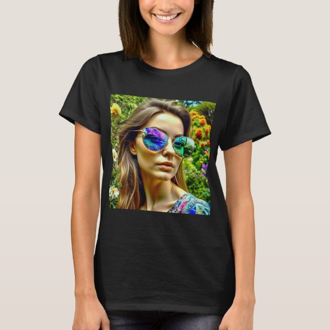 Camiseta Hermoso Chica con flores reflectantes de gafas de  (Anverso)