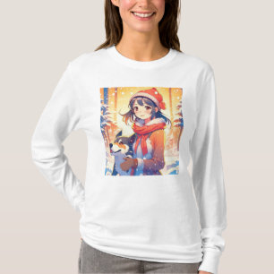 Camiseta Hermoso Chica de Anime con Navidades Husky Dog