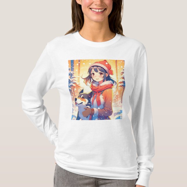 Camiseta Hermoso Chica de Anime con Navidades Husky Dog (Anverso)