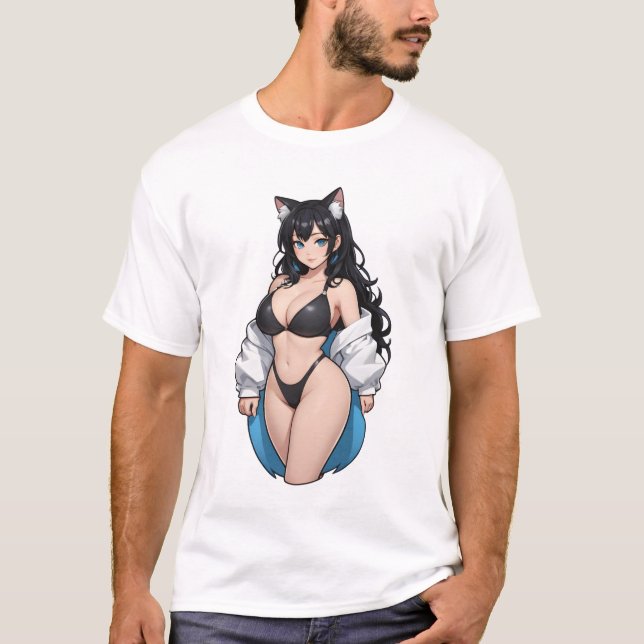 Camiseta Hermoso chica de gatos de anime (Anverso)