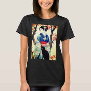 Camiseta Hermoso Chica japonés con un gato negro