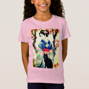 Camiseta Hermoso Chica japonés con un gato negro