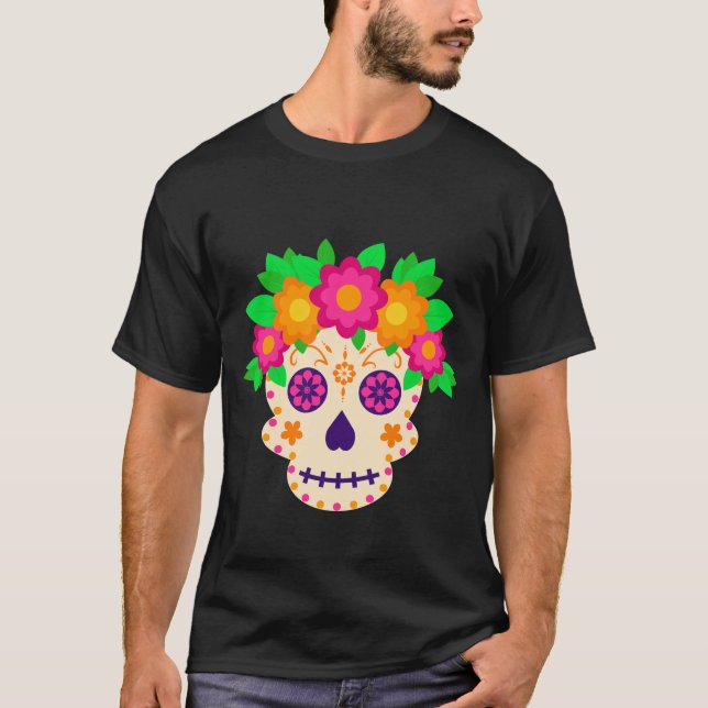 Camiseta Hermoso cráneo con flores Día de los Muertos (Anverso)