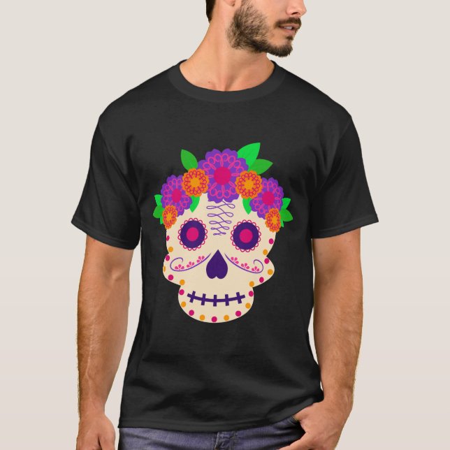 Camiseta Hermoso cráneo con flores Día de los Muertos (Anverso)